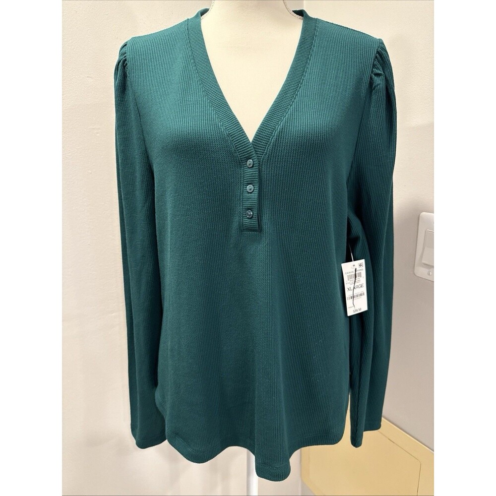 ON 34th Green  Stripe Waffle Knit Long Sleeve Shirt Top XL NEW NWT